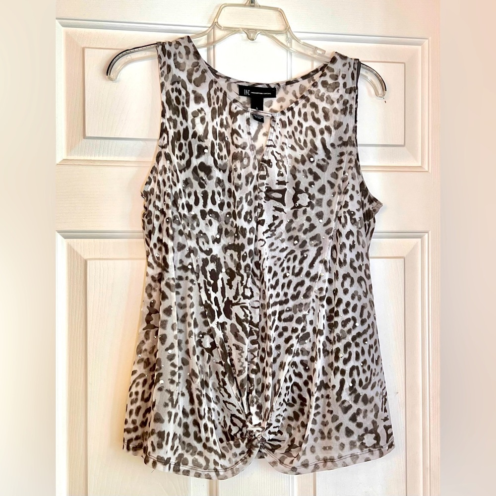 INC light weight, studded, gauzy party top, sleeveless gray animal, print